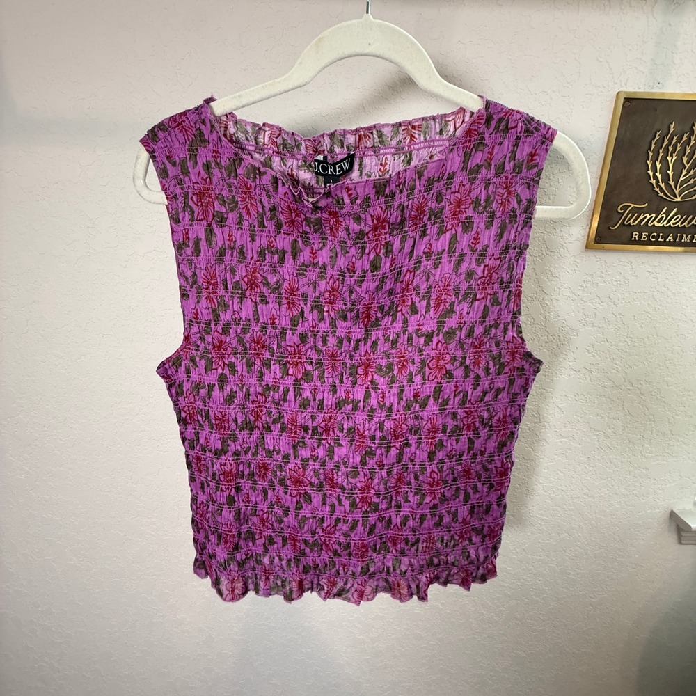 J.Crew Purple Floral Smocked Sleeveless Ramie Top CT764 Womens L